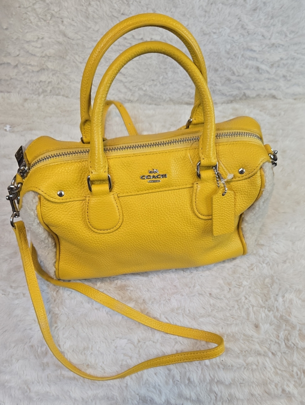 Coach Bright Yellow Pebbled Leather Satchel with Shearling Accents LIKE NEW COND
